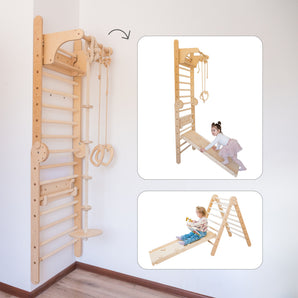 4in1 Swedish Wall and Foldable Pikler Triangle with Ramp, Gym Rings, Disc-Swing with Climbing Rope